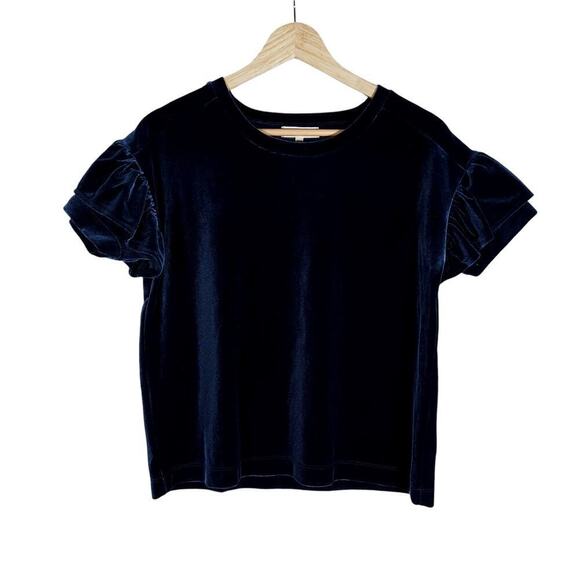 Madewell Tops - Madewell Womens Tee XXS Dark Blue Velvet Short Ruffle Sleeve Crew Neck Chic Top